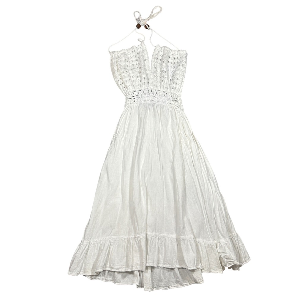 Giocam White Crochet Lace Halter Midi Dress Cotton Boho Ruffle Hem Smocked Back